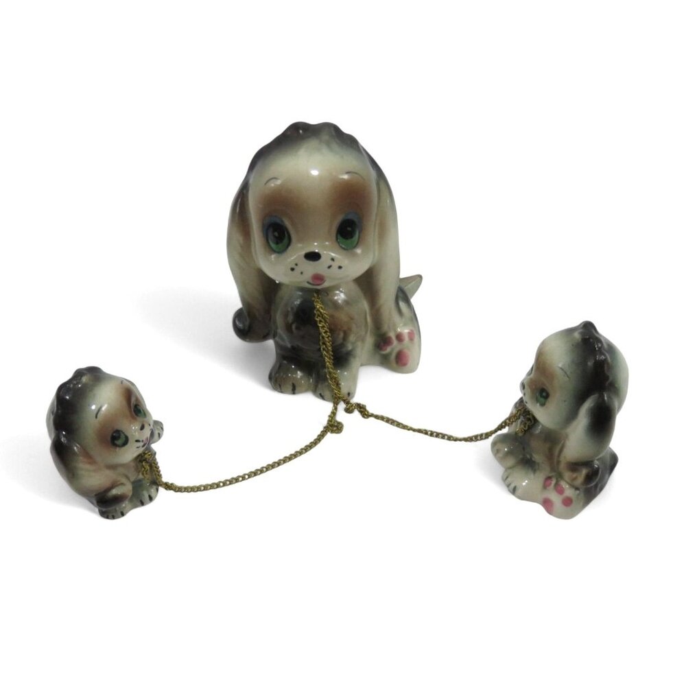 Miniature DOG Family Figurine Set with Chain LEASHES Hand-painted Japan vintage